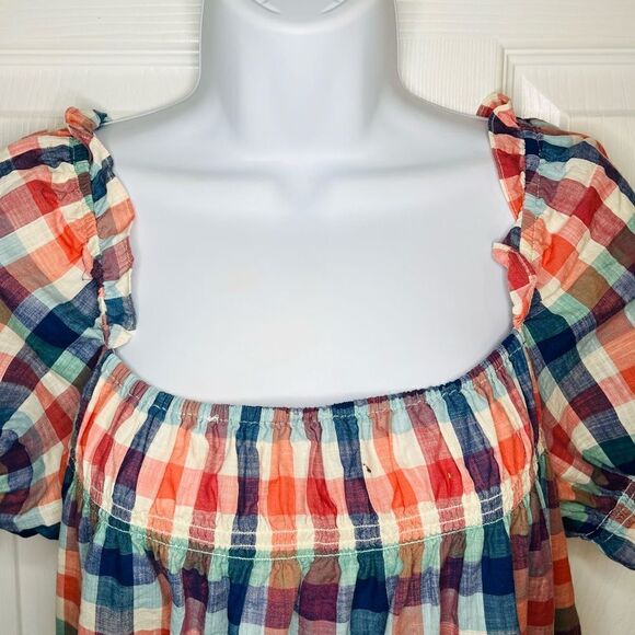 JCrew Smocked Cotton Crop Top Summer Madras Plaid Checkered Orange Blue S - Picture 6 of 11